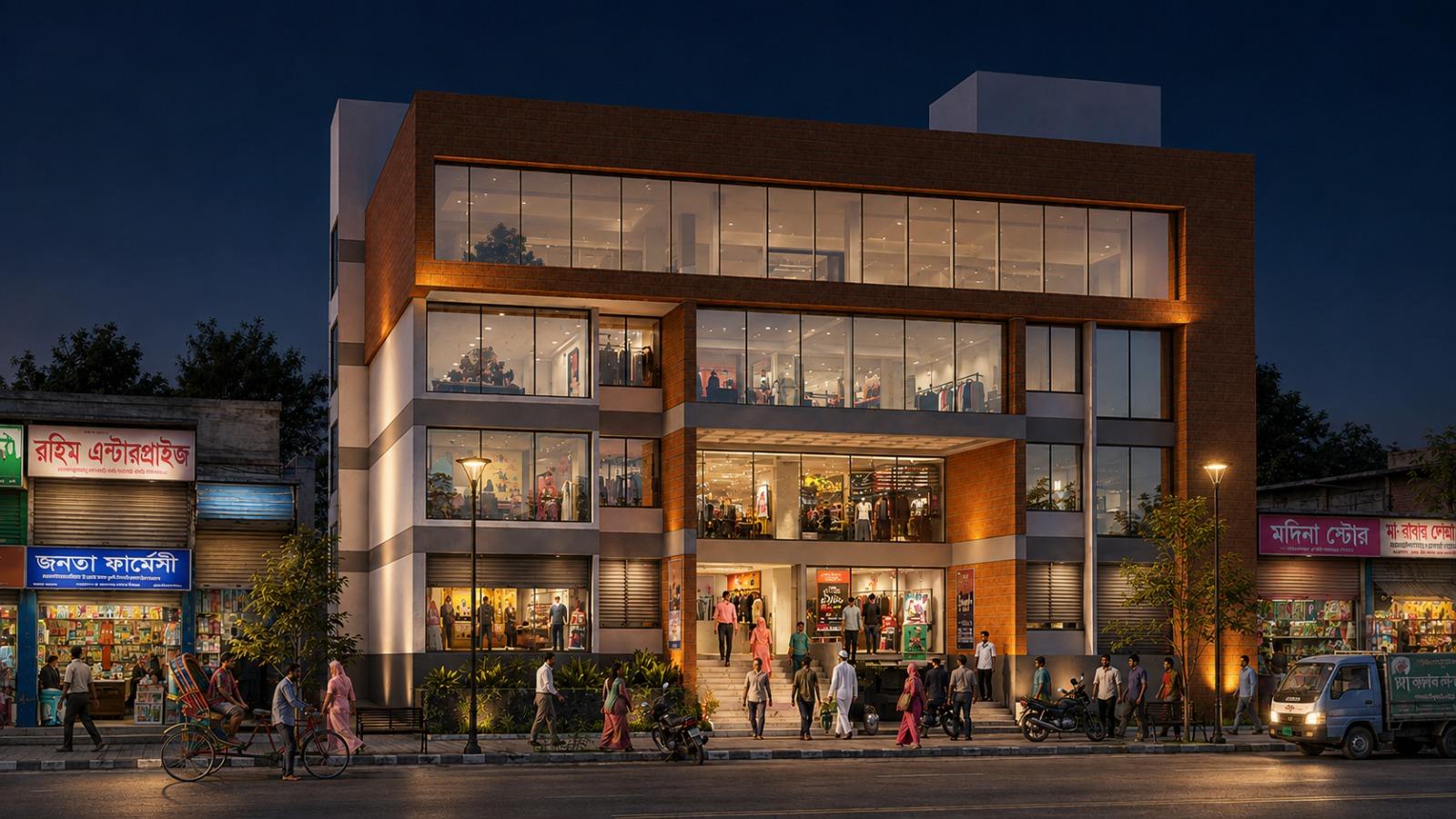 Evening architectural rendering of a multi-level commercial building